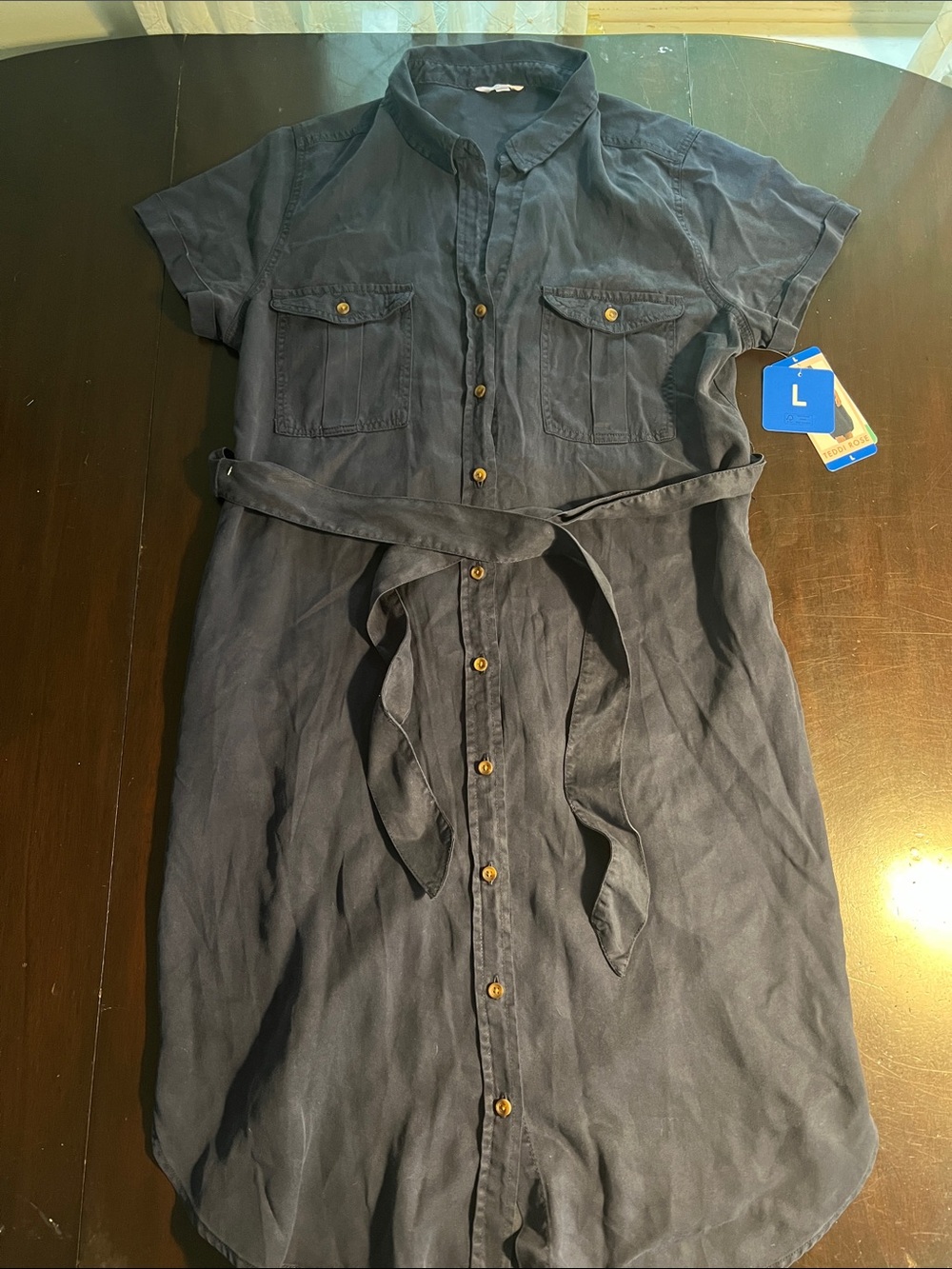 NWT Teddi Rose Button-Front Navy Shirt Dress with Waist Tie